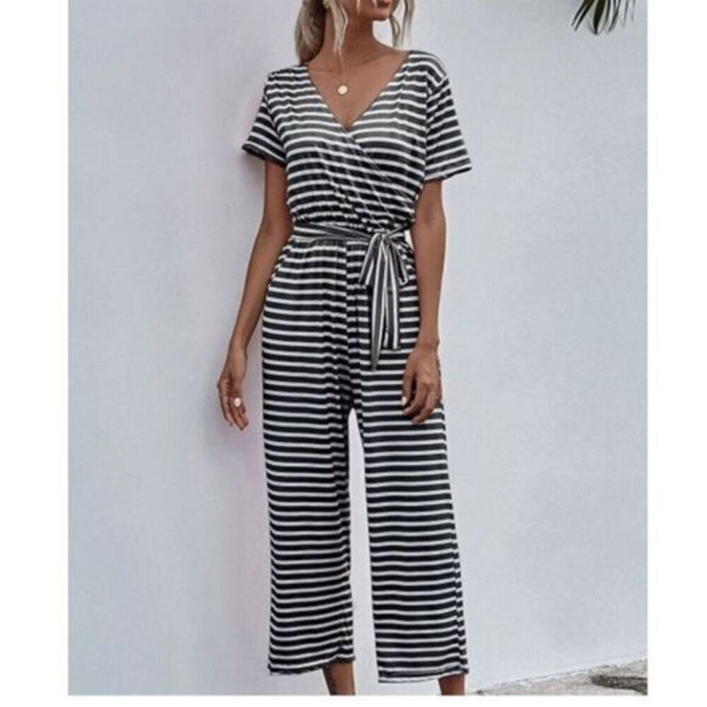 Black Stripe Tie-Waist Surplice Jumpsuit - Women Vrkufie Size M # H884